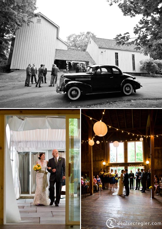 Wedding couple entering rustic barn reception