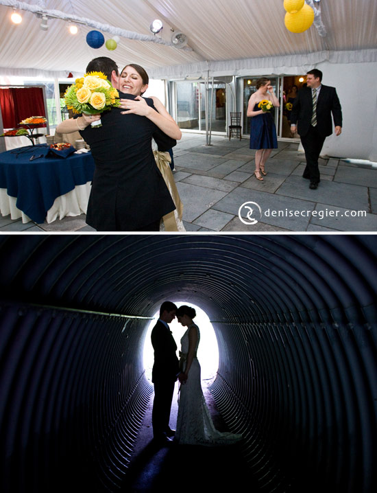 Happy couple embraces at wedding reception