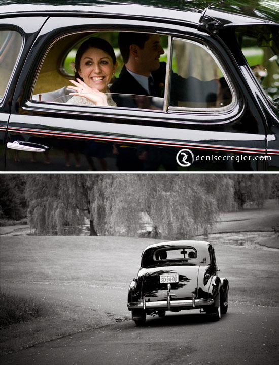 Happy bride and groom in vintage car