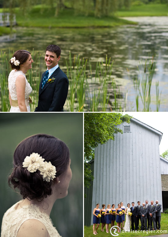 Happy bride and groom by a pond; wedding party photo