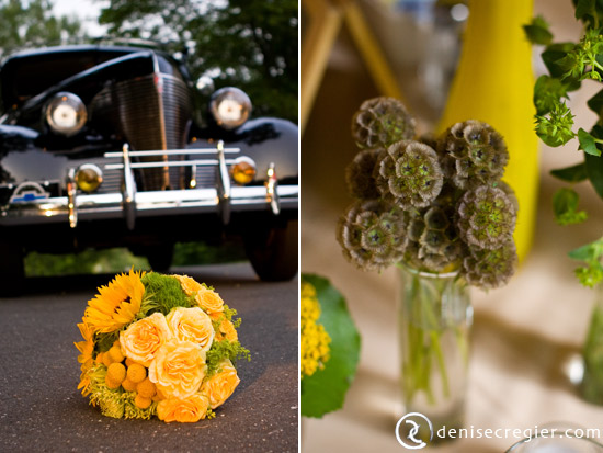 Yellow rose bouquet and vintage car wedding image
