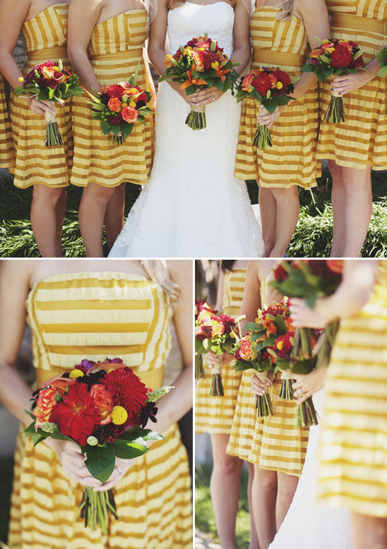 Bridesmaids in yellow striped dresses with bouquets