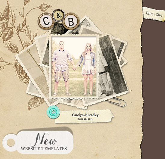 Vintage wedding website template with couple holding hands, a button