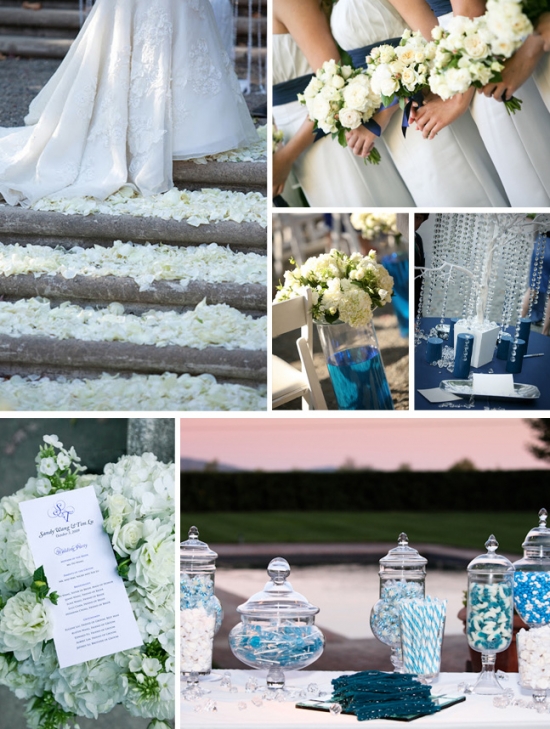 Elegant wedding details flower petals bouquets and candy bar