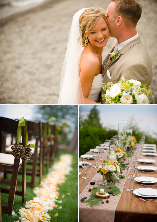 Rustic outdoor wedding: bride, groom, reception decor