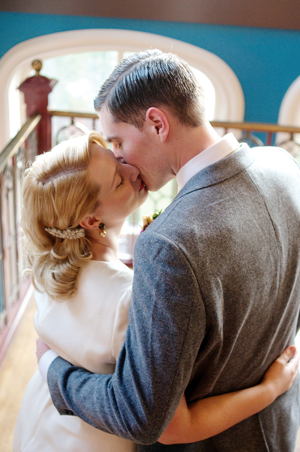 Couple kissing, wedding embrace