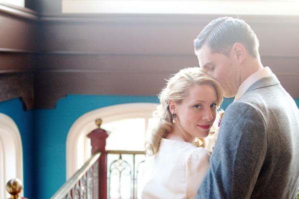 Couple embracing inside vintage building