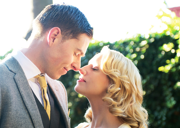 Romantic couple sharing a tender moment outdoors
