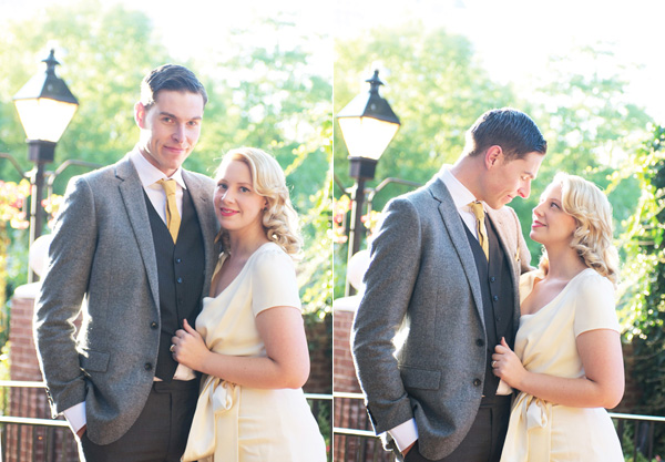 Couple in suits and dress, romantic outdoor shot