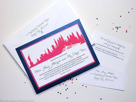NYC wedding invitation with pink city skyline