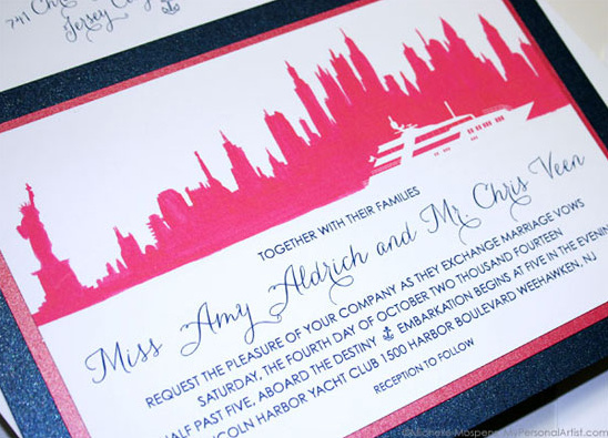NYC wedding invitation with pink city skyline