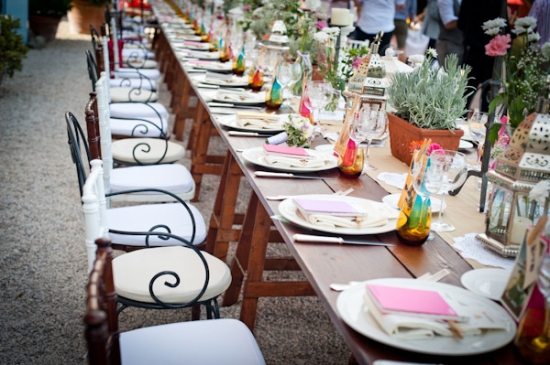 Long rustic dining table for outdoor wedding party