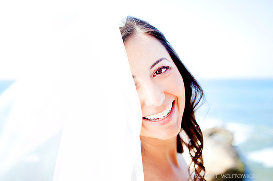 Smiling bride partly hidden by veil at beach