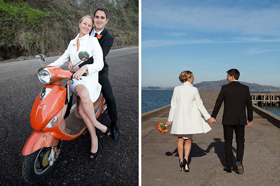 Bride and groom on orange scooter and walking by the sea