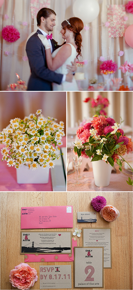 Happy couple wedding photo with flowers and invitations
