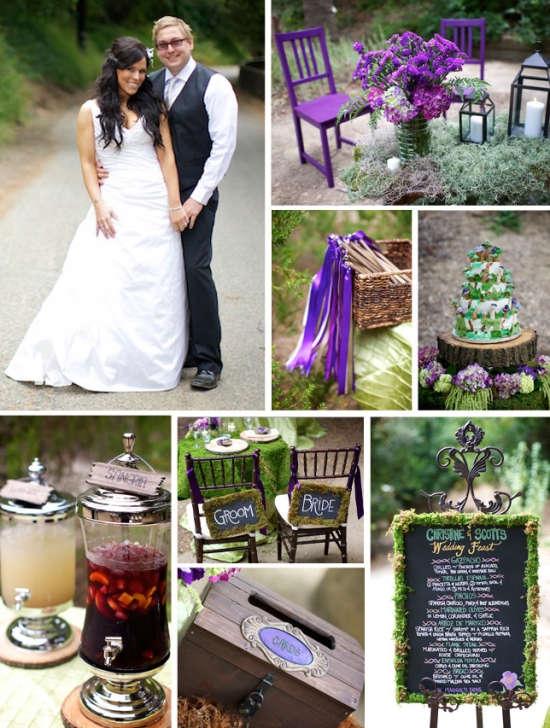 Purple wedding with couple, decorations, food