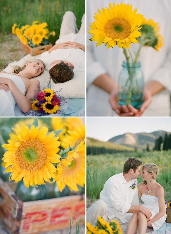 Couple picnic with sunflowers