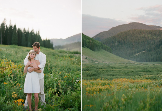 Couple embraces mountain scenery