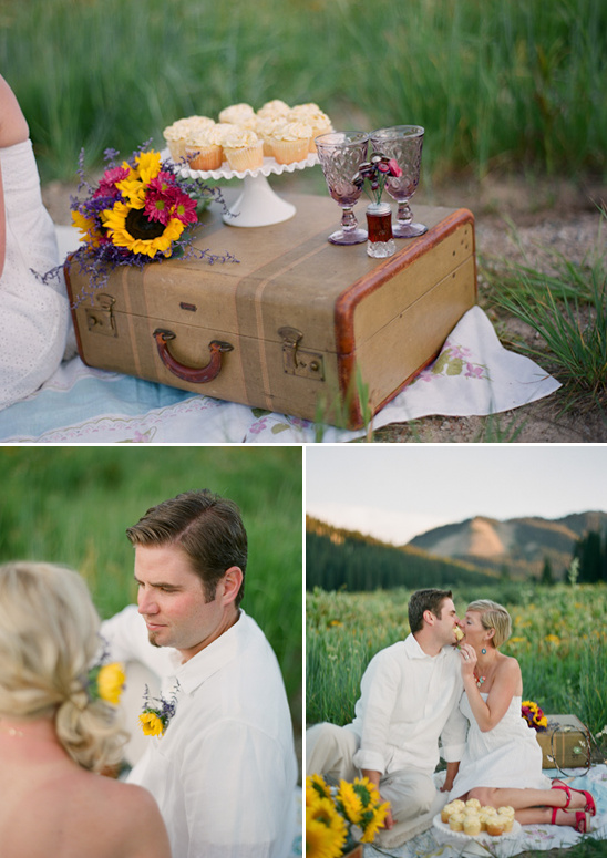 Couple picnic with cupcakes and flowers