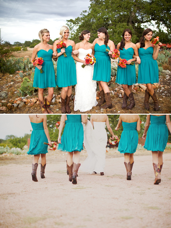 Bride and bridesmaids in teal dresses with cowboy boots