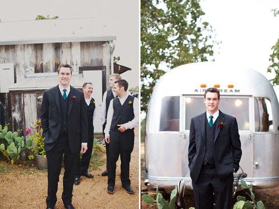 Groom and groomsmen on rustic wedding day