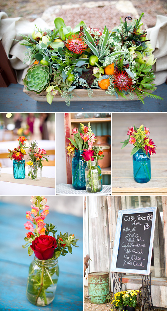 Rustic wedding decor flowers in mason jars chalkboard