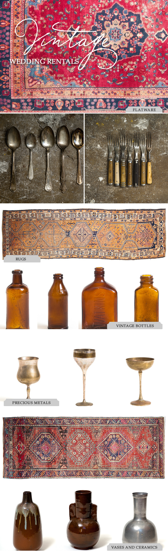 Vintage wedding rentals: rugs, tableware, bottles, and more