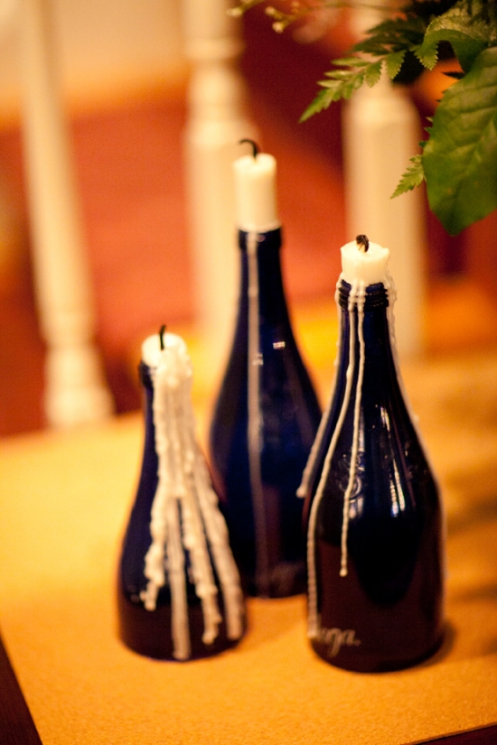 Blue candle holders with white candles