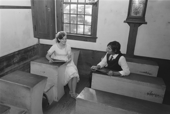 Retro Classroom scene students desk black and white