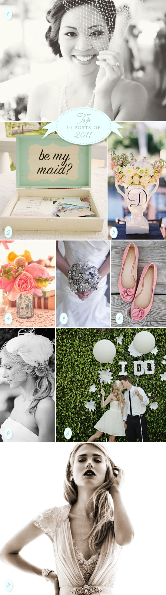Bridal shower inspiration collage: bridesmaid proposal, flowers, shoes, and more