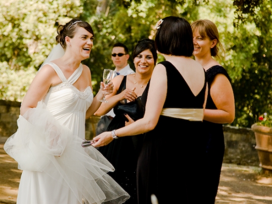 Bride and bridesmaids celebrating wedding day