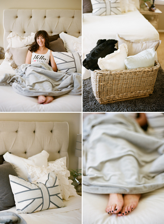 Woman relaxing on bed with pillows and woven basket