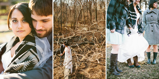 Couple and friends autumn wedding in forest