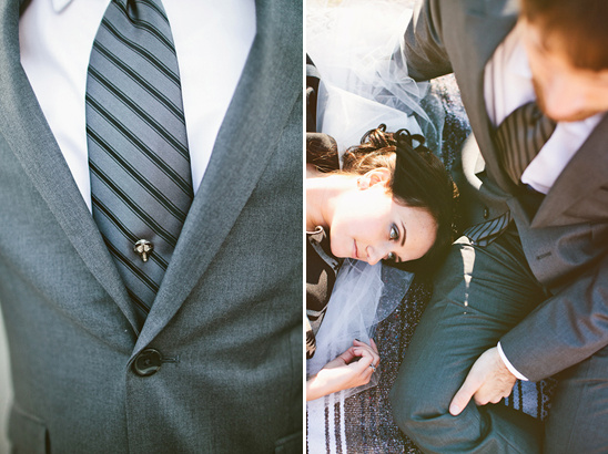 Wedding portrait of couple dressed in grey suits