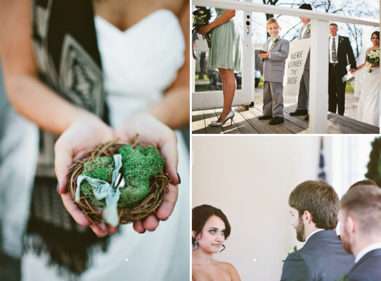 Bird nest ring pillow at nature themed wedding event