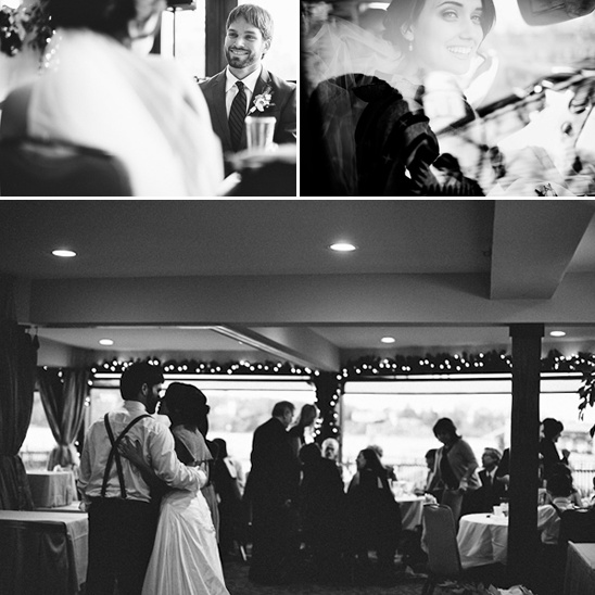 Black and white wedding reception with dancing and guests