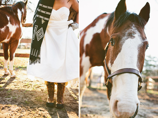 Woman in white dress and horse in field