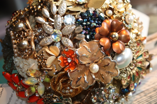 Vintage jewelry bouquet, ornate gold and colorful brooch bouquet