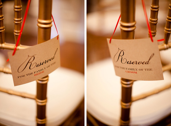Reserved chair signs for wedding: Bride's and Groom's families