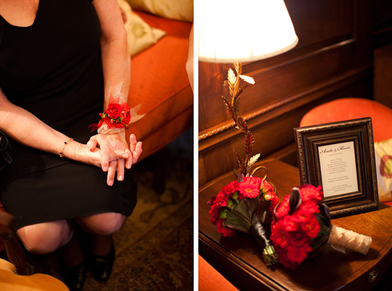 Red flower wrist corsage and bouquets