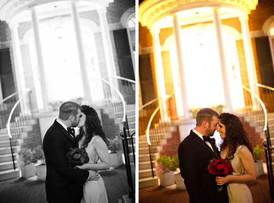 Couple kissing outdoors at night wedding