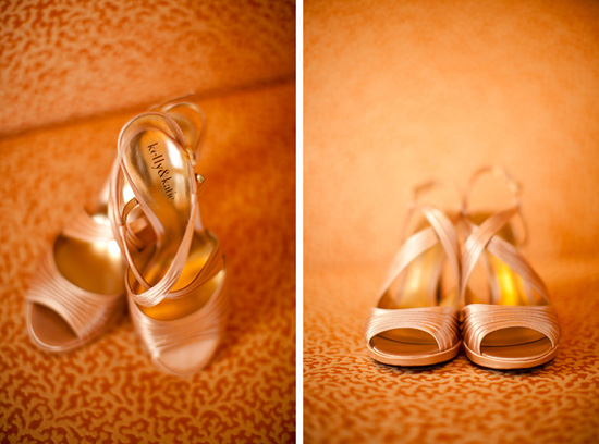Elegant gold bridal heels on orange fabric