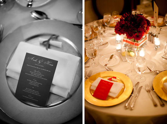 Elegant wedding table settings with red flowers