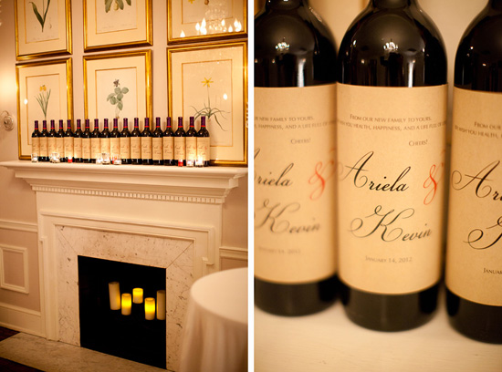 Personalized wine bottles as wedding favors display