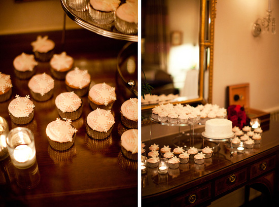 Winter wedding cupcakes with snowflake decorations