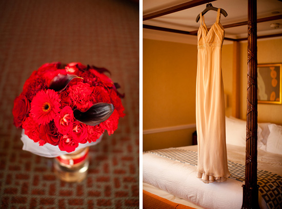 Red bridal bouquet and ivory wedding gown