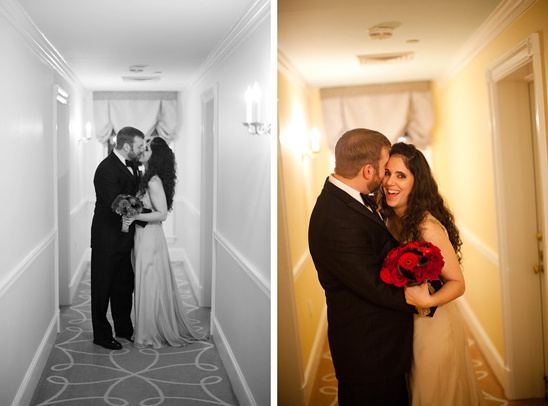 Bride and groom in hotel hallway wedding photo