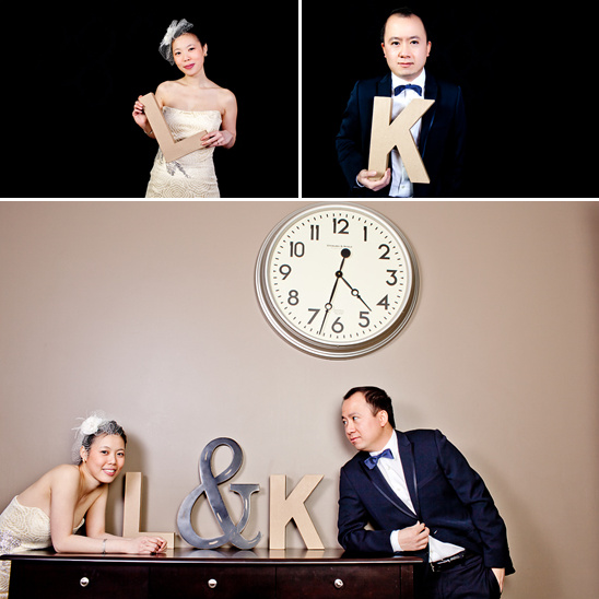 Couple posing with letters L&K, wedding photo