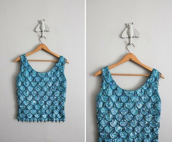 Blue sequin top with a mermaid scale pattern