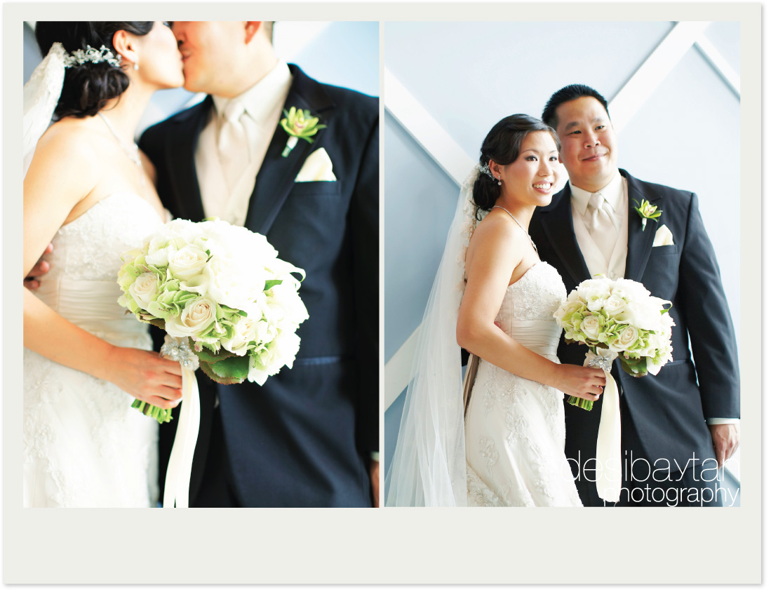 Happy couple exchanging wedding kisses with bouquets